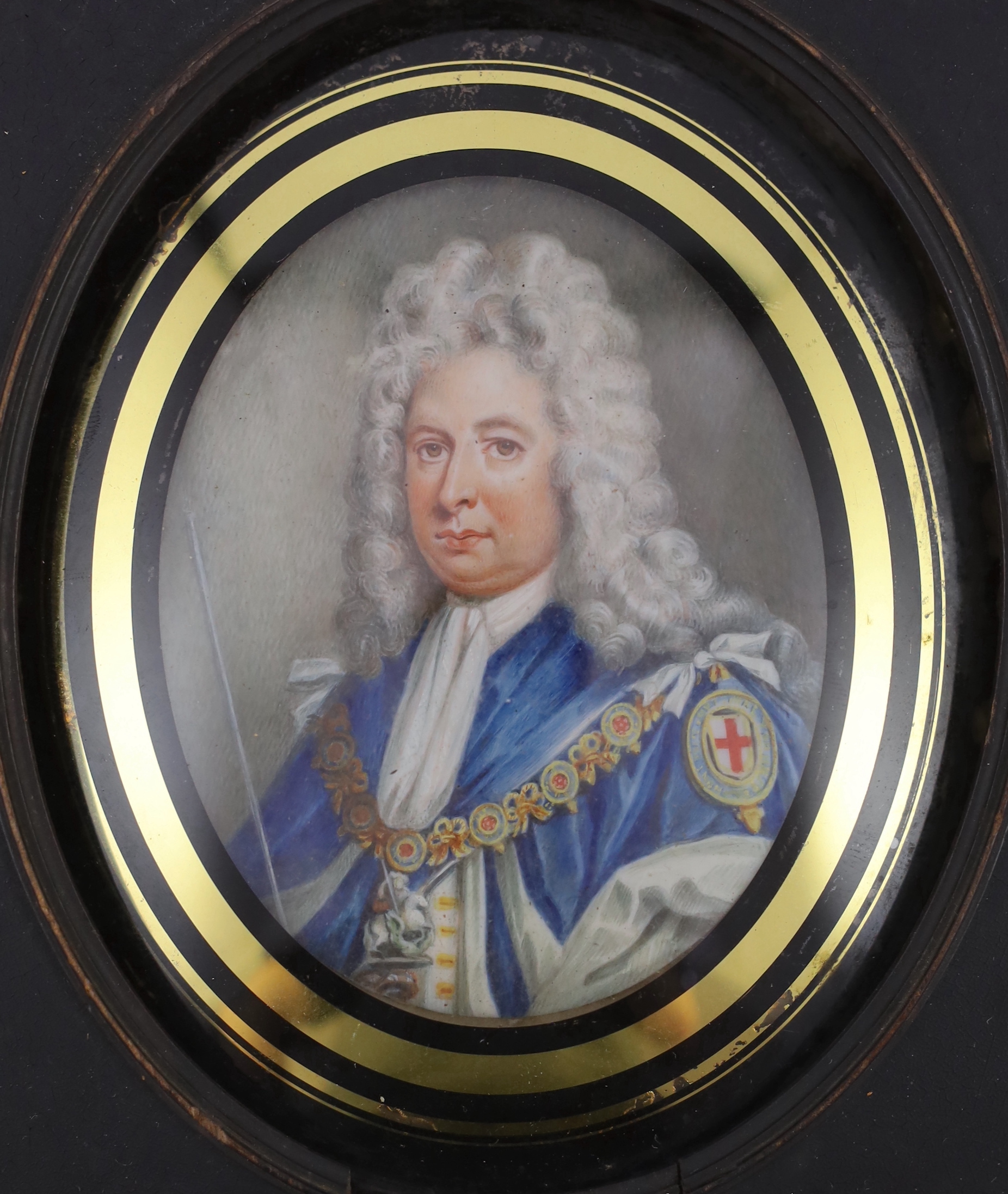 18th century English School , Miniature portrait of Robert Harley, 1st Earl of Oxford and Earl Mortimer, watercolour on ivory, 9 x 7cm. Ivory submission reference: ZMKRQS46